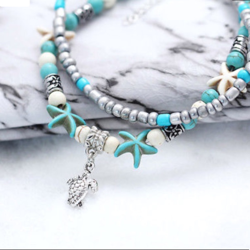🏖 SILVER SEA TURTLE STARFISH BEAD ANKLET BRACELET - Picture 3 of 6
